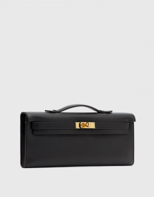 Hermes Kelly Pochette Bag Black Swift Clutch Gold Hardware