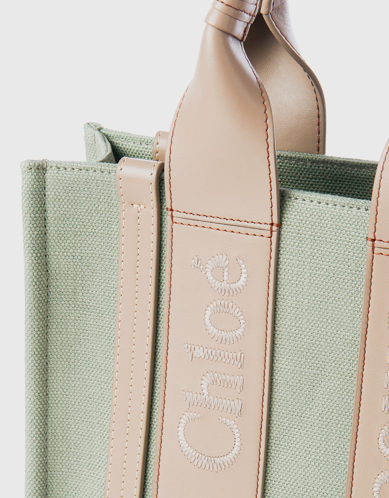 Chloe Woody Linen Tote Bag Medium Logo Straps Brown Leather