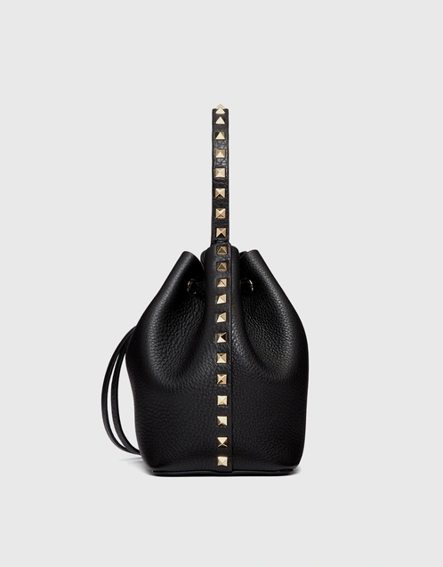 Valentino Rockstud Grainy Leather Bucket Bag - Black - Large