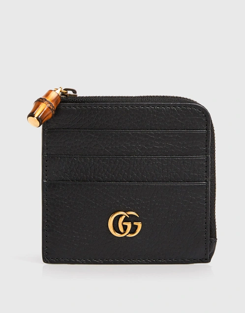Double G zip card case with bamboo in black leather