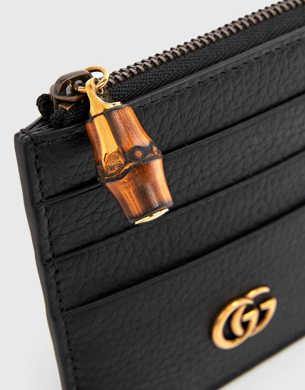 Double G zip card case with bamboo in black leather