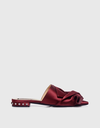 Embellished Pointy Knot Satin Mules