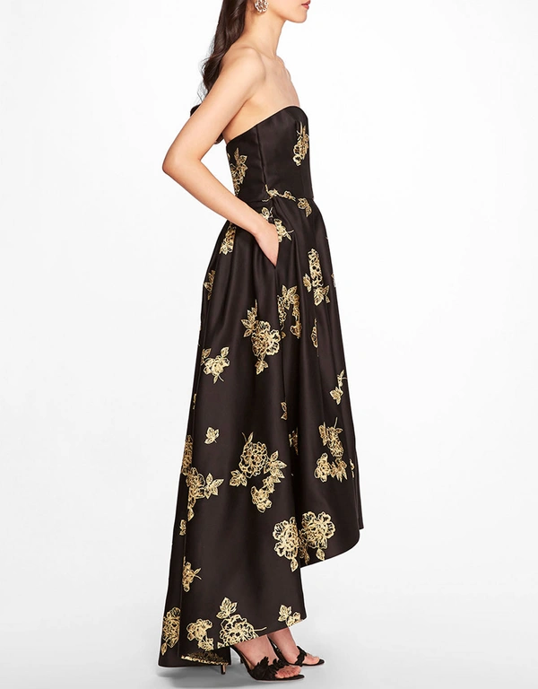Marchesa Notte Marigolds Strapless High Low A-Line Gown-Black Gold