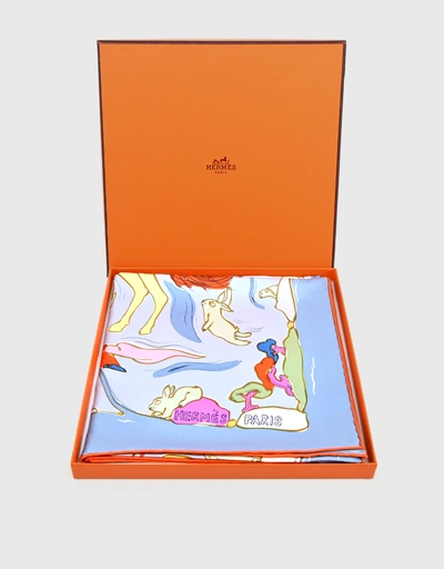 Hermès Mille Et Un Lapins 90 Silk Twill With Hand-Rolled Edges Scarf-Blue/Pink/Yellow