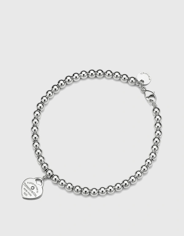 Tiffany & Co. Return To Tiffany Mini Red Enamel Finish Heart And Sterling Silver With Diamond Bead Bracelet