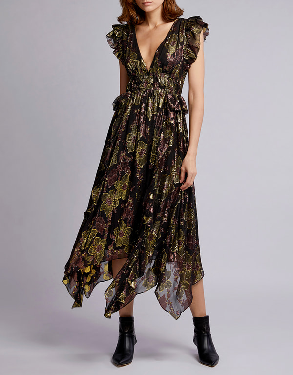 Ulla Johnson Nerissa Metallic Jacquard Floral Midi Dress (Dresses,Midi ...