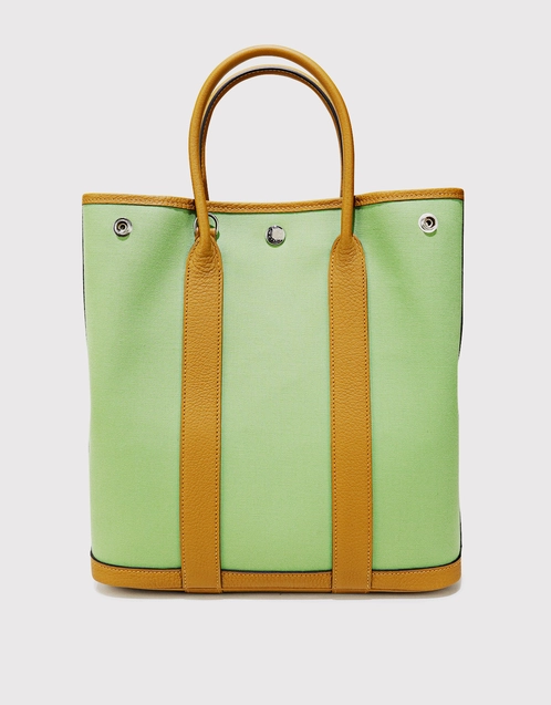 Hermes Garden Party Green Leather Toile Canvas Tote Shopper Bag