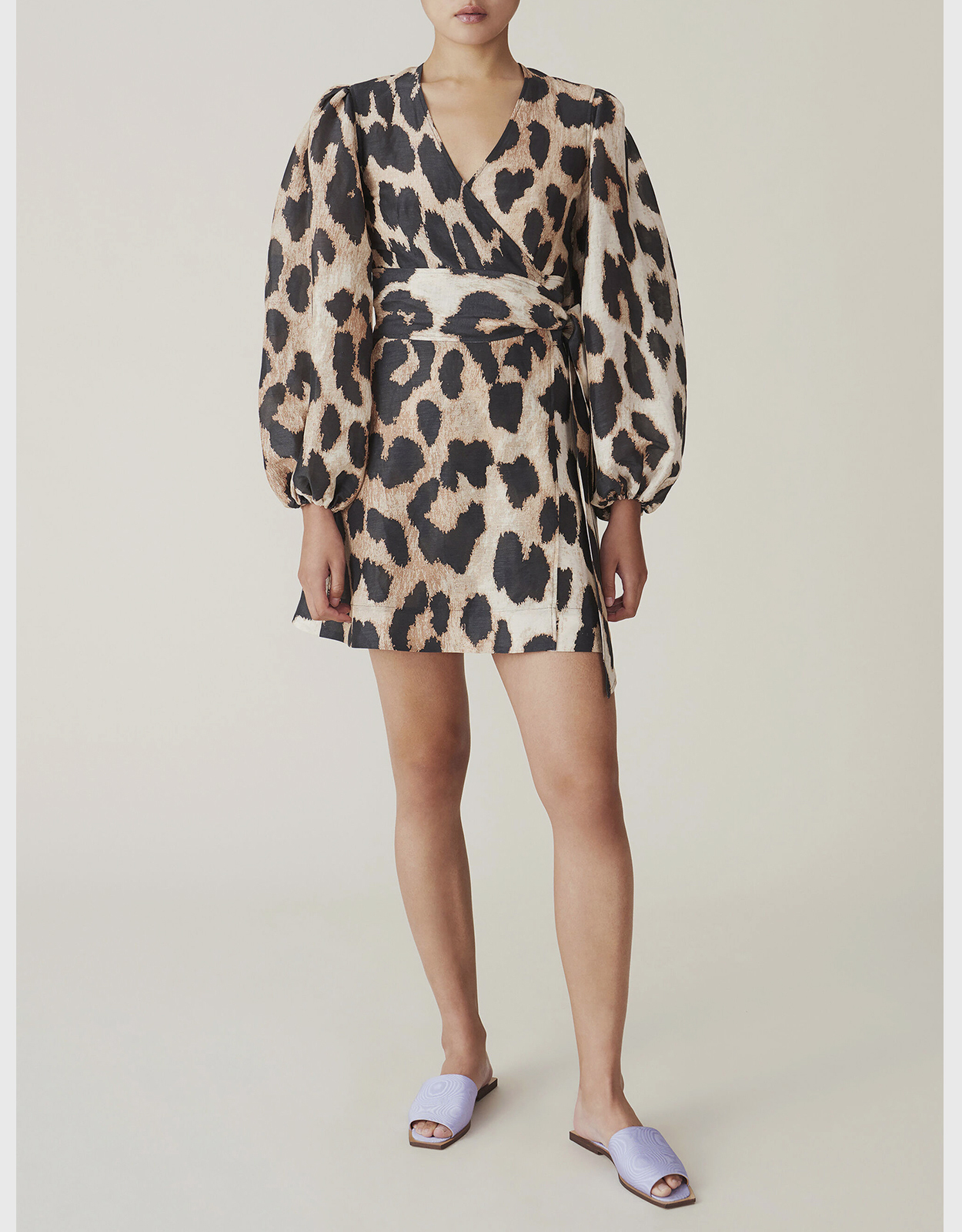 Ganni Silk Linen Leopard Belted Mini Dress (Dresses,Mini) IFCHIC.COM